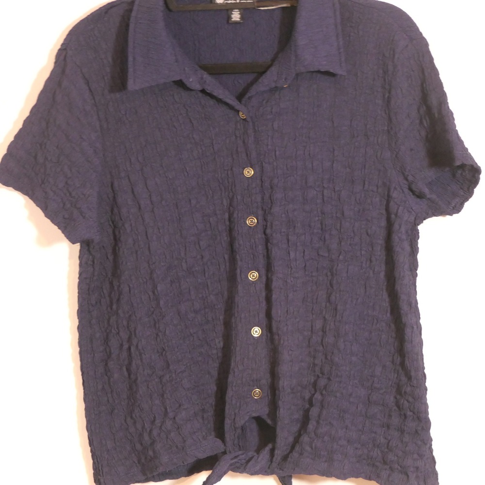 Cable & Gauge Women Blouse L Navy Popcorn Crinkle Tie Front Minimalist Textured